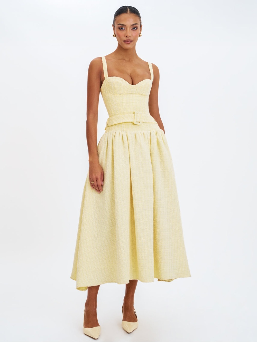 Miss Circle- Tiana Butter Yellow Sweetheart Belted Midi Dress